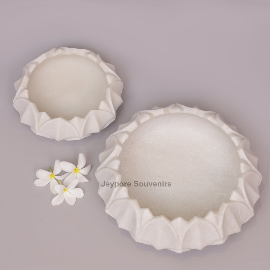 Hand-Carved White Marble Lotus Urli Bowl