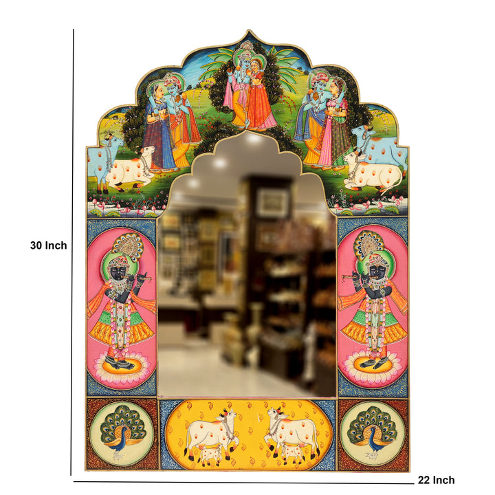 Handcrafted Wooden Radha Krishna Decorative Wall Mirror
