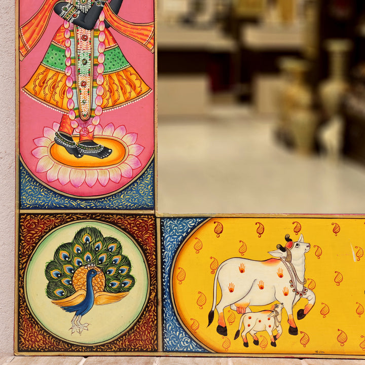 Handcrafted Wooden Radha Krishna Decorative Wall Mirror