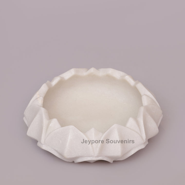 Hand-Carved White Marble Lotus- Shaped Decorative Bowl