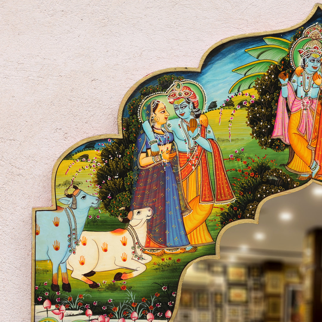 Handcrafted Wooden Radha Krishna Decorative Wall Mirror