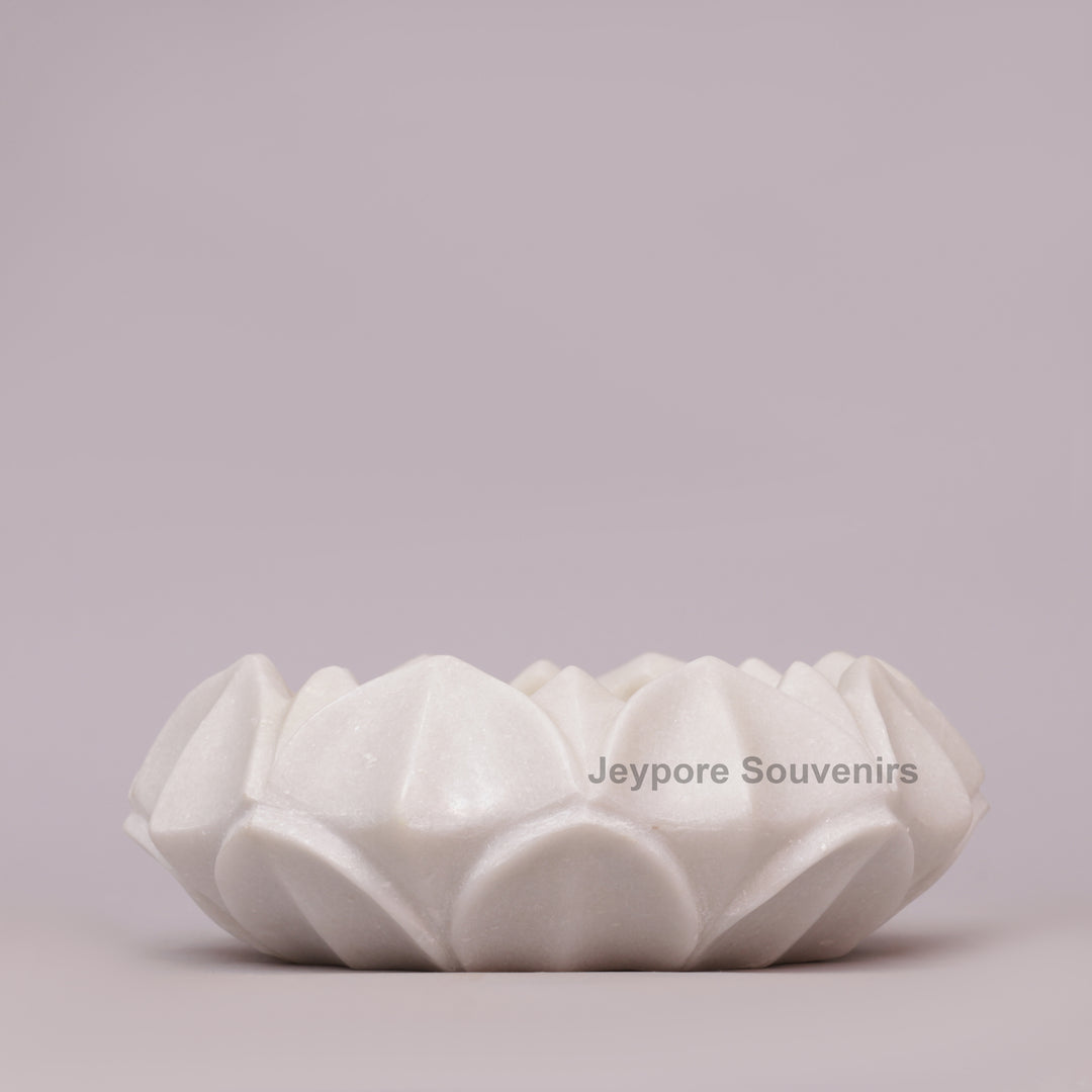 Hand-Carved White Marble Lotus- Shaped Decorative Bowl