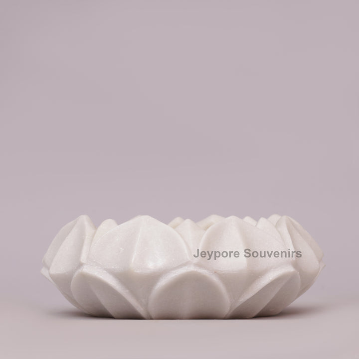 Hand-Carved White Marble Lotus- Shaped Decorative Bowl