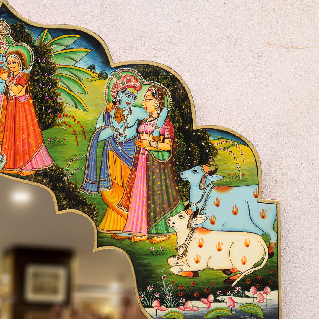 Handcrafted Wooden Radha Krishna Decorative Wall Mirror