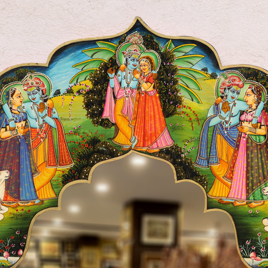 Handcrafted Wooden Radha Krishna Decorative Wall Mirror