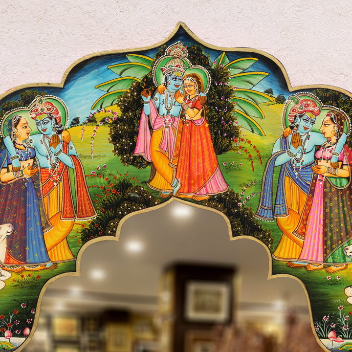 Handcrafted Wooden Radha Krishna Decorative Wall Mirror