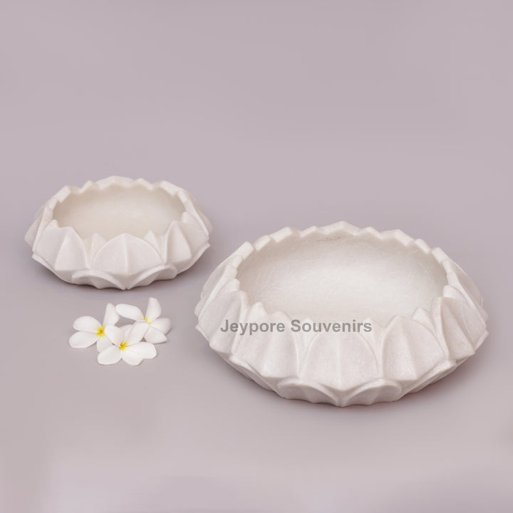 Hand-Carved White Marble Lotus- Shaped Decorative Bowl