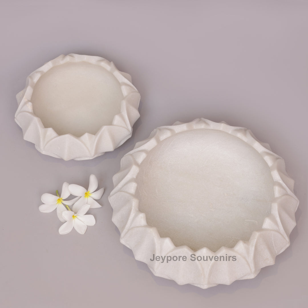 Hand-Carved White Marble Lotus- Shaped Decorative Bowl
