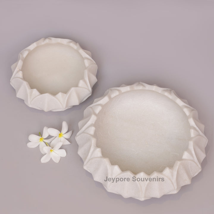 Hand-Carved White Marble Lotus- Shaped Decorative Bowl