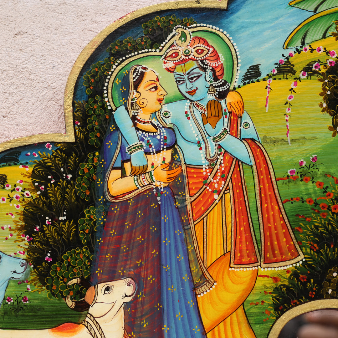 Handcrafted Wooden Radha Krishna Decorative Wall Mirror