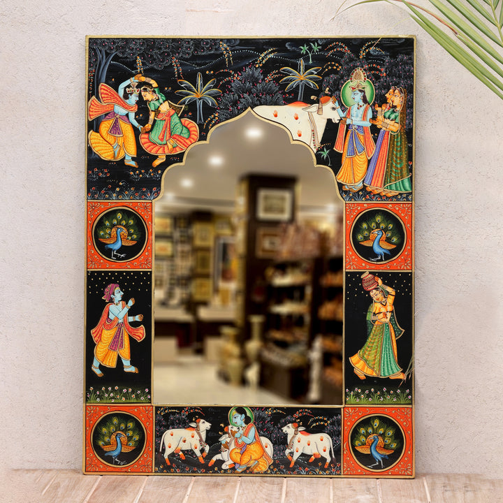 Handcrafted Wooden Radha Krishna Wall Mirror