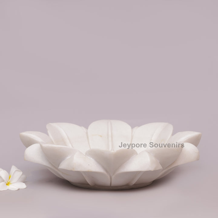 Hand-Carved White Marble Lotus Style Urli Bowl