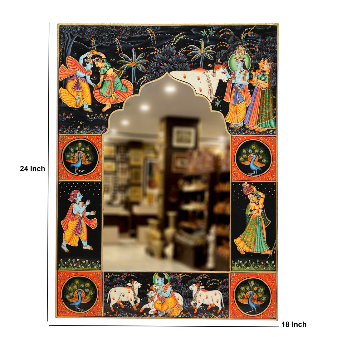 Handcrafted Wooden Radha Krishna Wall Mirror
