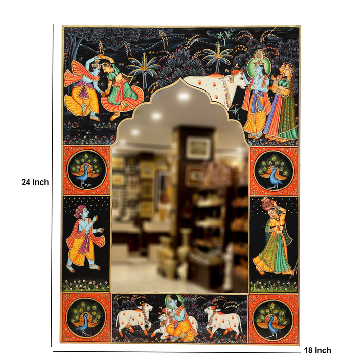 Handcrafted Wooden Radha Krishna Wall Mirror