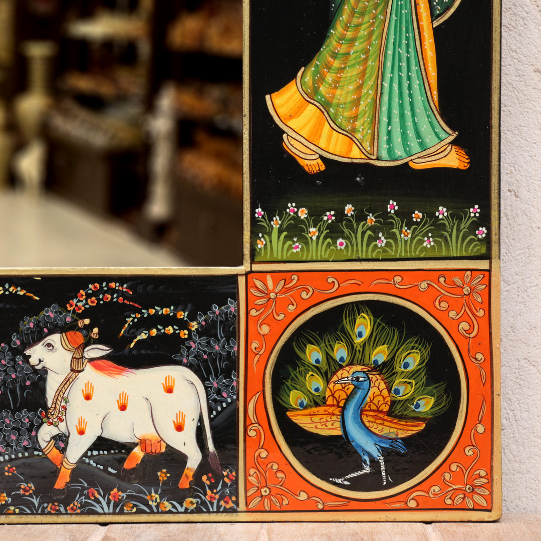 Handcrafted Wooden Radha Krishna Wall Mirror