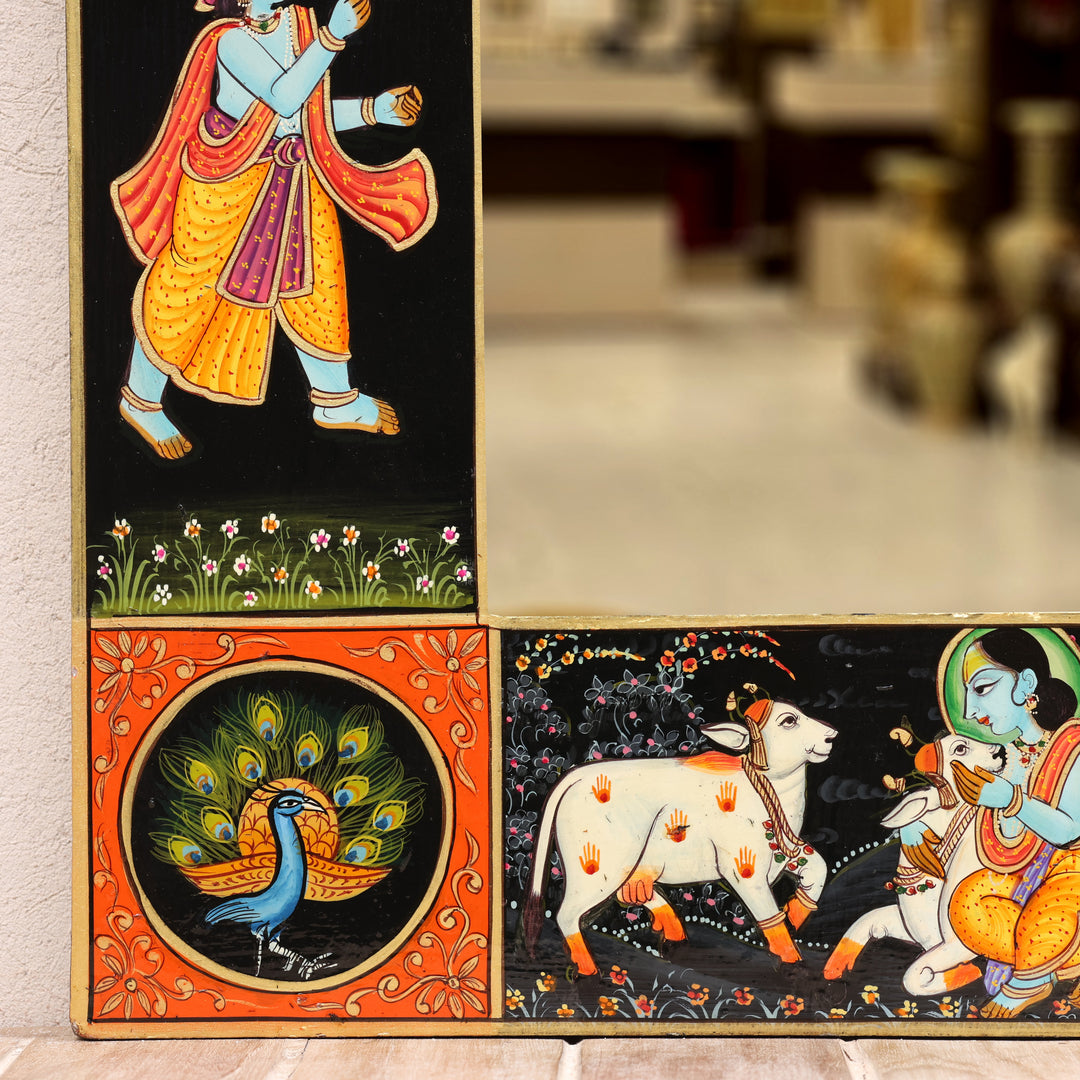 Handcrafted Wooden Radha Krishna Wall Mirror