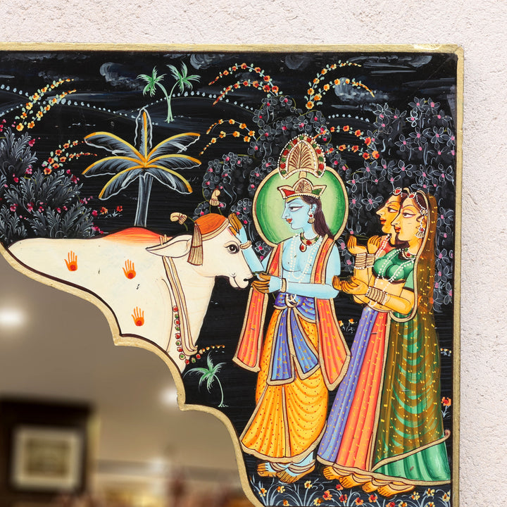 Handcrafted Wooden Radha Krishna Wall Mirror