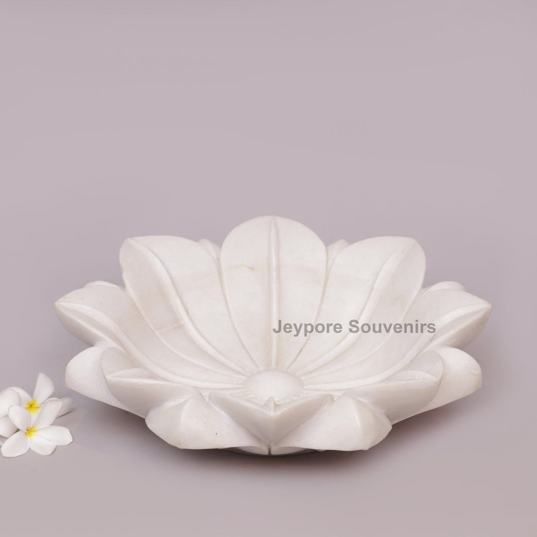 Hand-Carved White Marble Lotus Style Urli Bowl