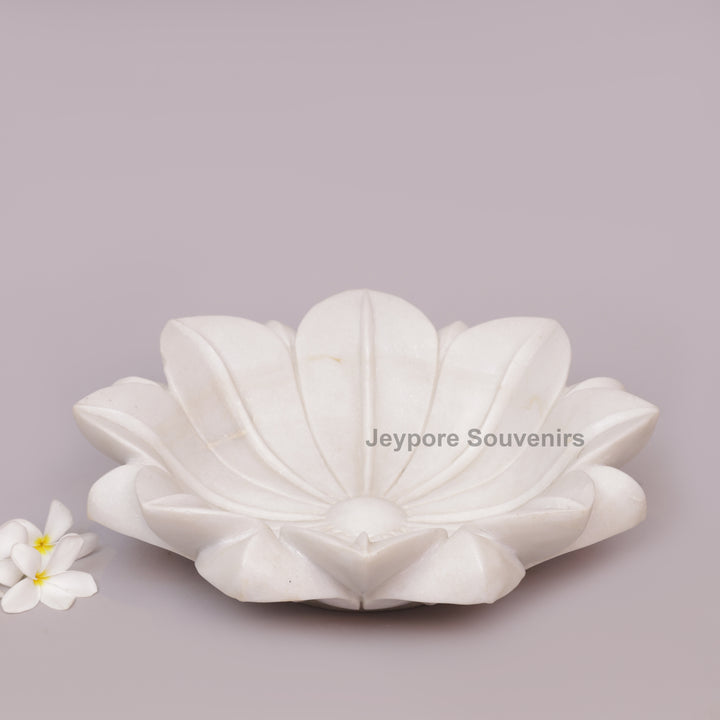 Hand-Carved White Marble Lotus Style Urli Bowl