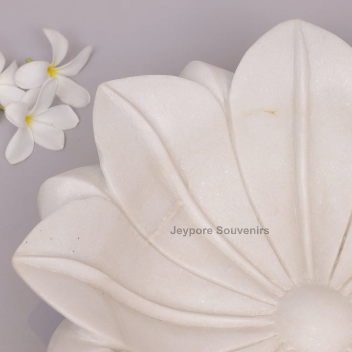 Hand-Carved White Marble Lotus Style Urli Bowl