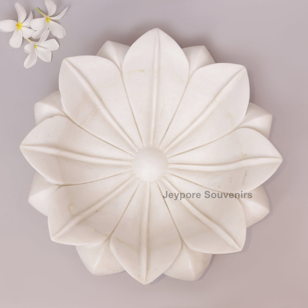 Hand-Carved White Marble Lotus Style Urli Bowl