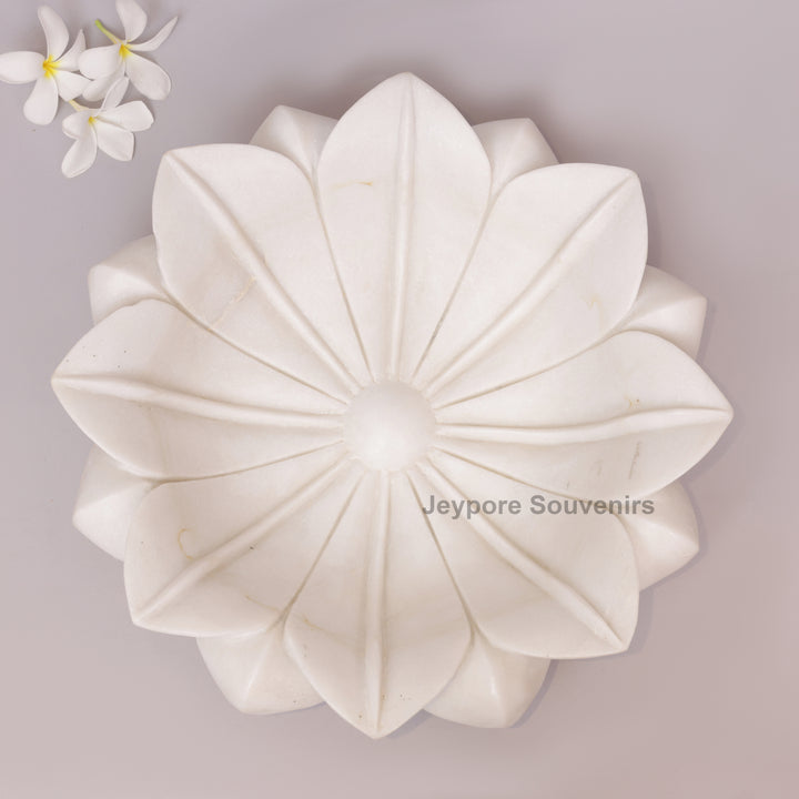 Hand-Carved White Marble Lotus Style Urli Bowl