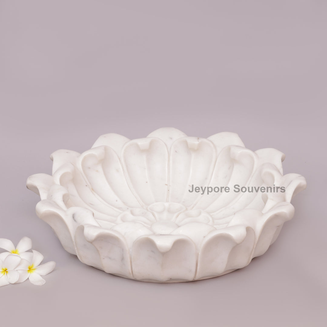Hand-Carved White Marble Lotus Urli Bowl With Carved Petal Details
