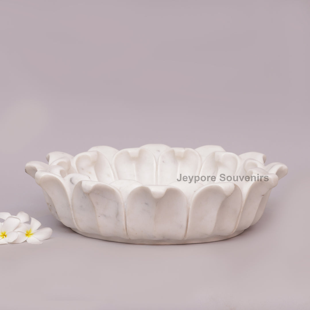 Hand-Carved White Marble Lotus Urli Bowl With Carved Petal Details