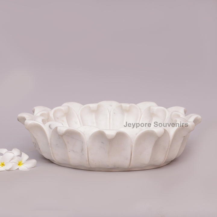 Hand-Carved White Marble Lotus Urli Bowl With Carved Petal Details
