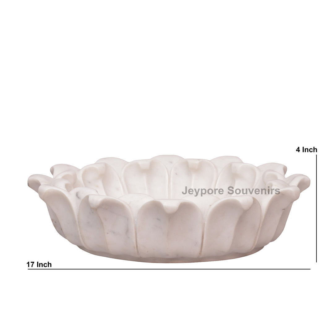 Hand-Carved White Marble Lotus Urli Bowl With Carved Petal Details