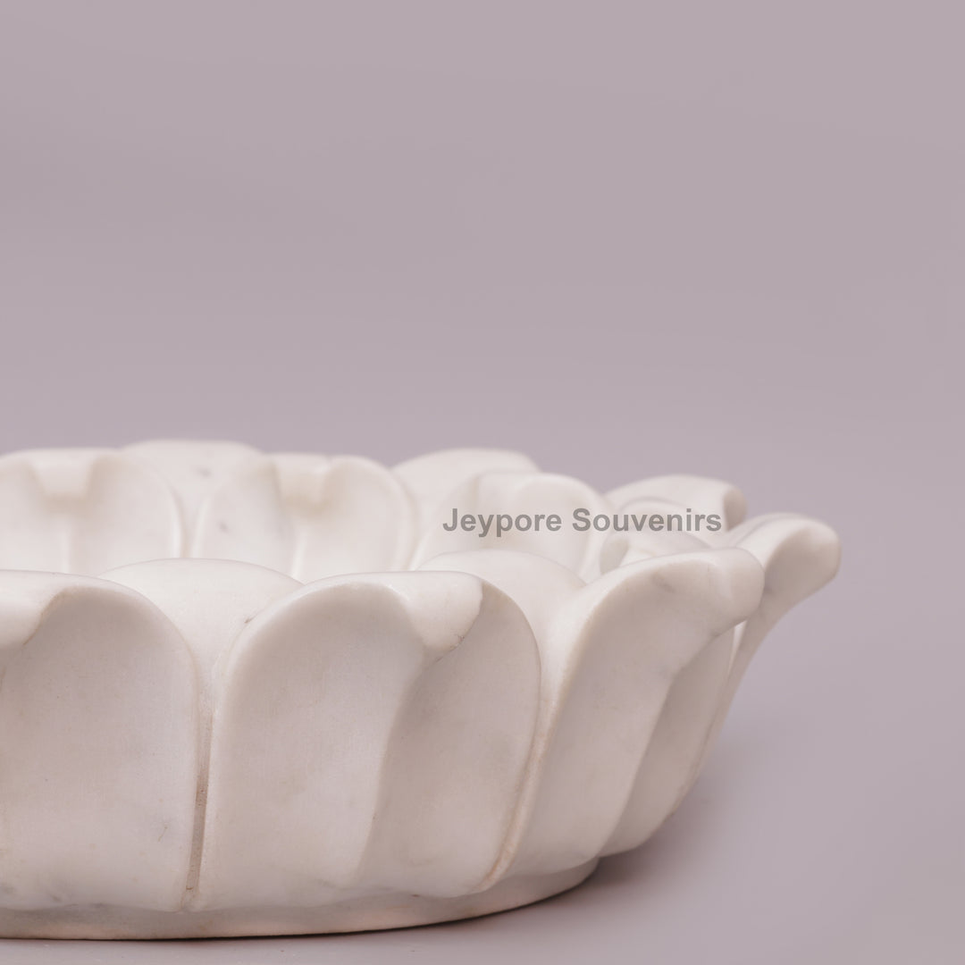 Hand-Carved White Marble Lotus Urli Bowl With Carved Petal Details
