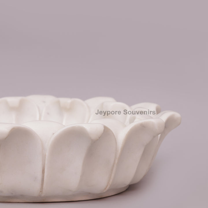 Hand-Carved White Marble Lotus Urli Bowl With Carved Petal Details