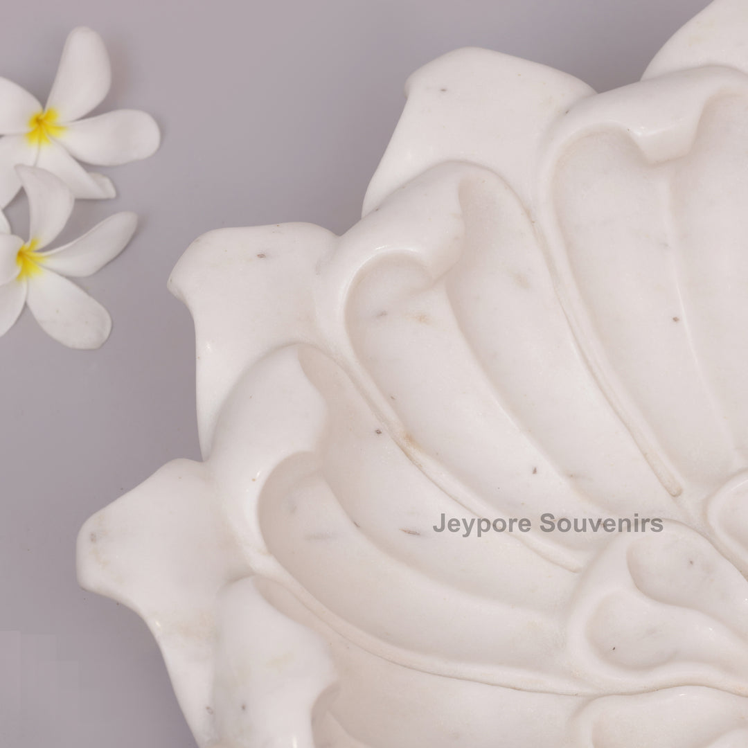 Hand-Carved White Marble Lotus Urli Bowl With Carved Petal Details