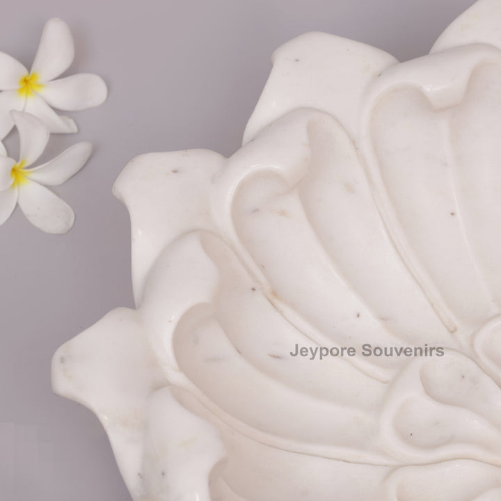 Hand-Carved White Marble Lotus Urli Bowl With Carved Petal Details