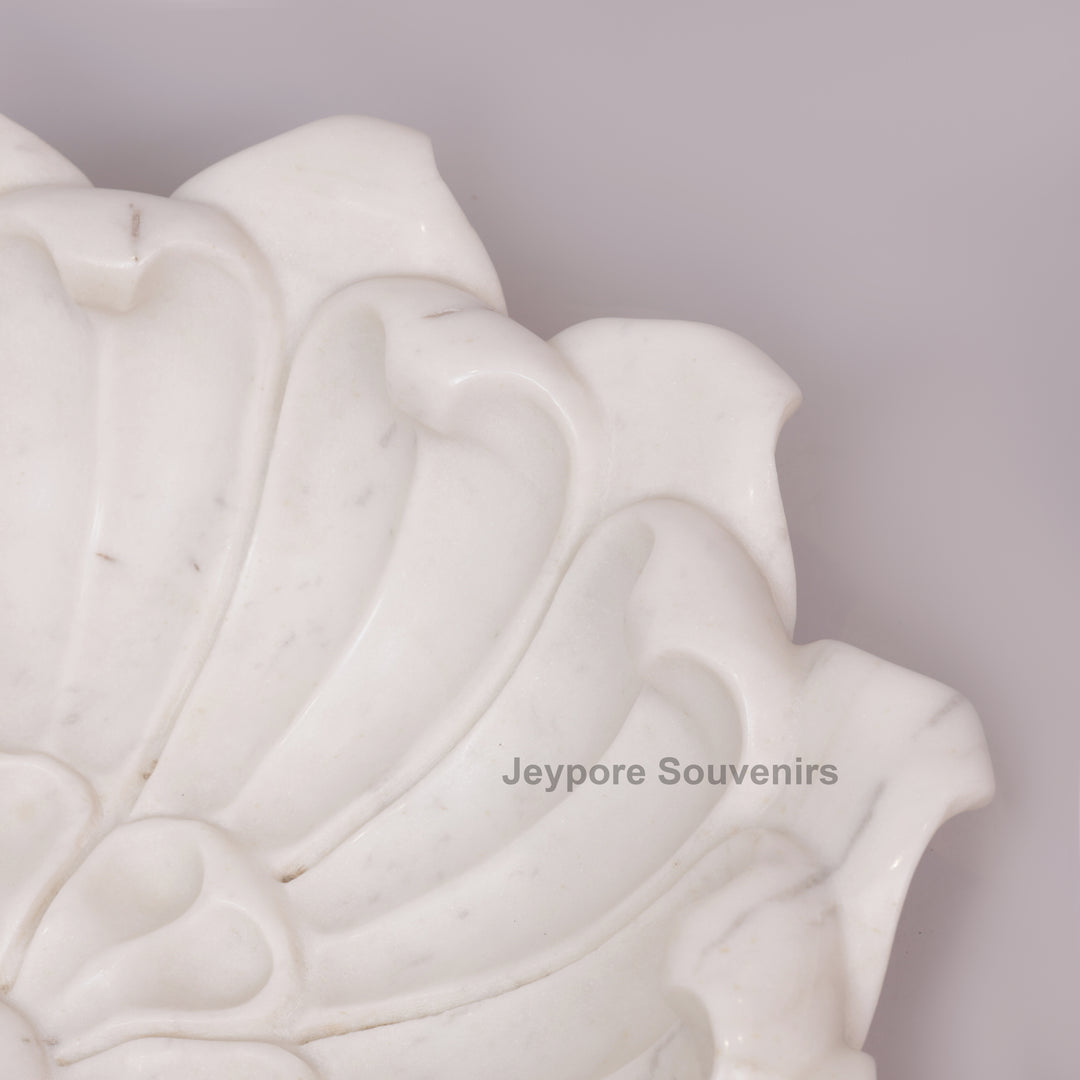 Hand-Carved White Marble Lotus Urli Bowl With Carved Petal Details