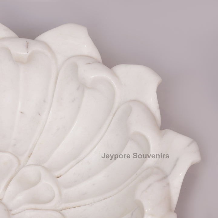 Hand-Carved White Marble Lotus Urli Bowl With Carved Petal Details