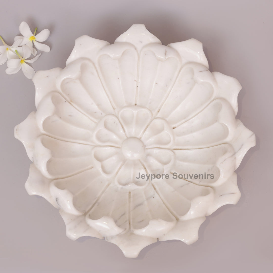 Hand-Carved White Marble Lotus Urli Bowl With Carved Petal Details