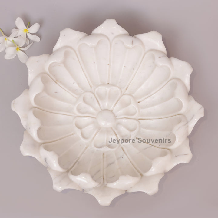 Hand-Carved White Marble Lotus Urli Bowl With Carved Petal Details