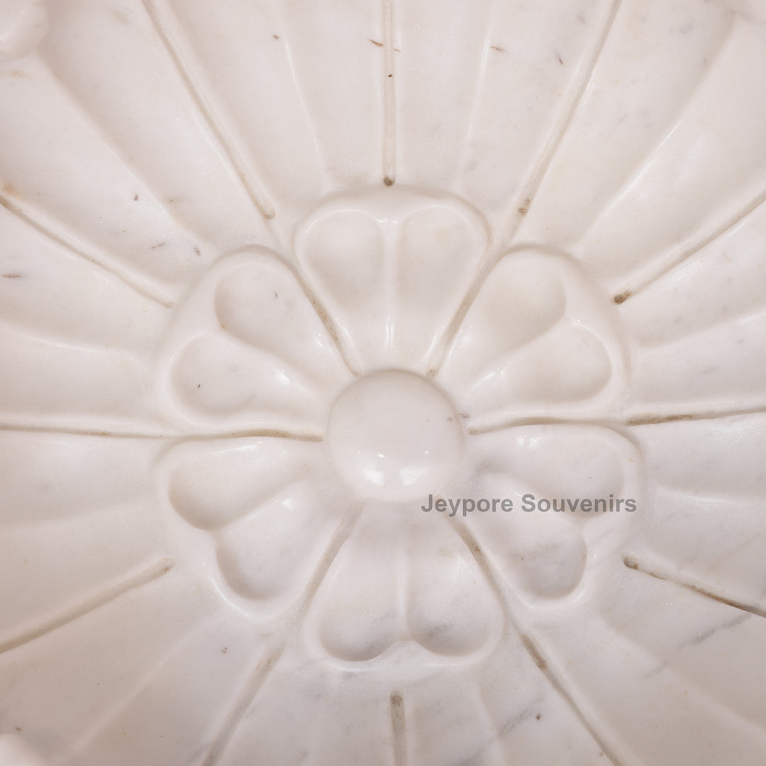 Hand-Carved White Marble Lotus Urli Bowl With Carved Petal Details