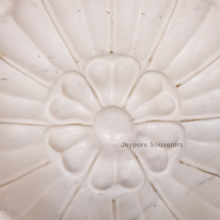 Hand-Carved White Marble Lotus Urli Bowl With Carved Petal Details