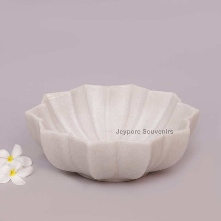 Hand-Carved White Marble Lotus Bowl with Fluted Petal Design