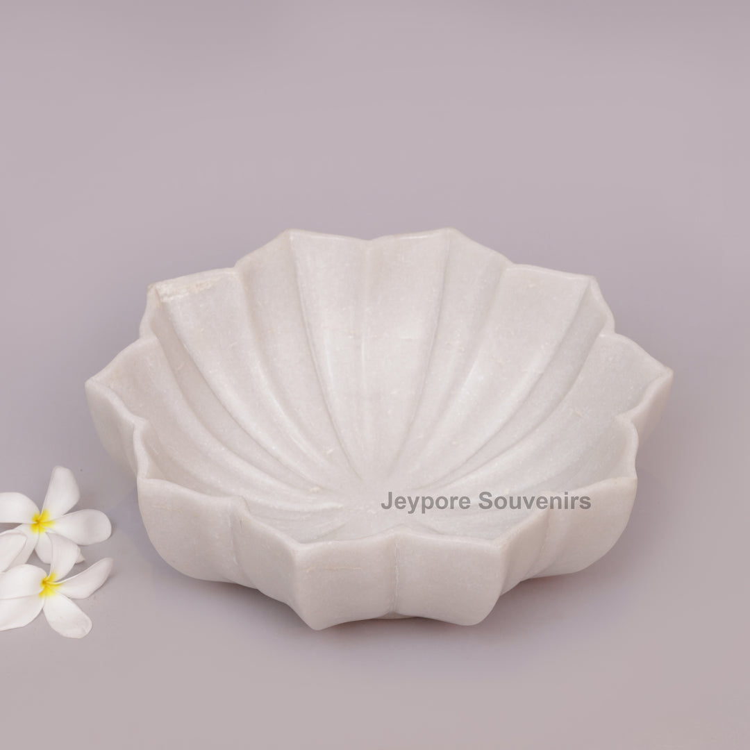 Hand-Carved White Marble Lotus Bowl with Fluted Petal Design