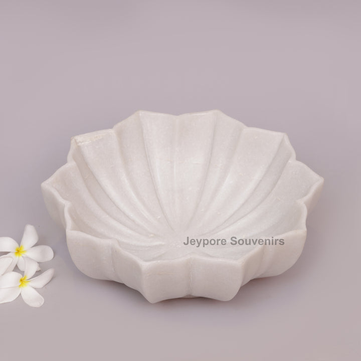 Hand-Carved White Marble Lotus Bowl with Fluted Petal Design