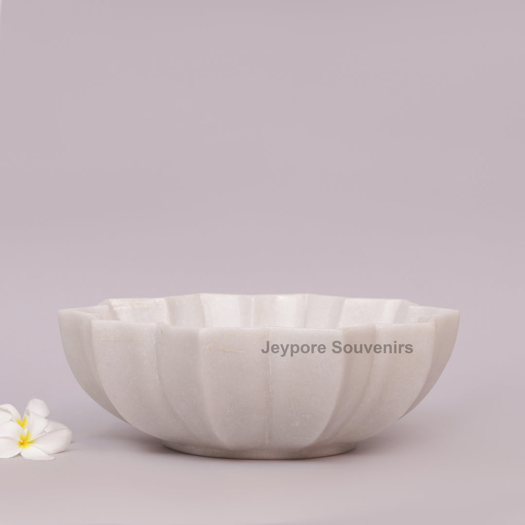 Hand-Carved White Marble Lotus Bowl with Fluted Petal Design