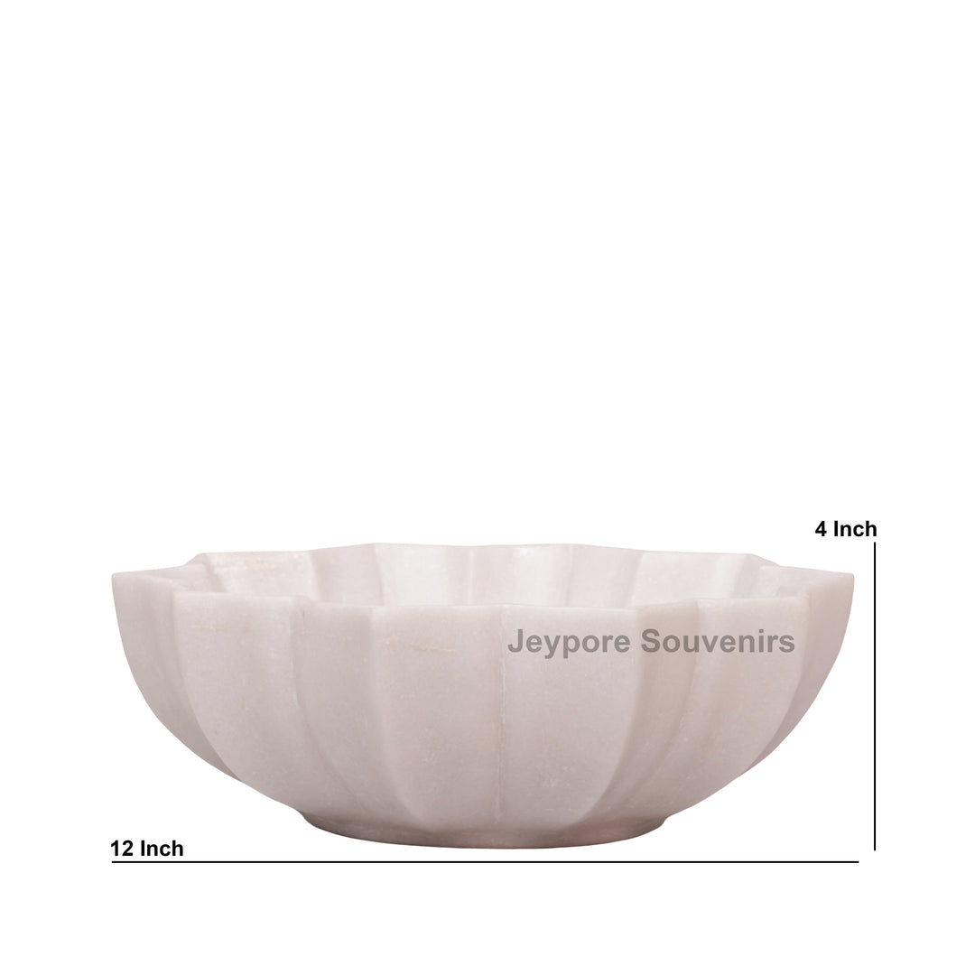 Hand-Carved White Marble Lotus Bowl with Fluted Petal Design