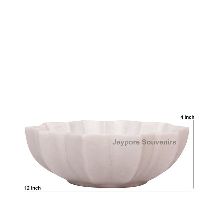Hand-Carved White Marble Lotus Bowl with Fluted Petal Design