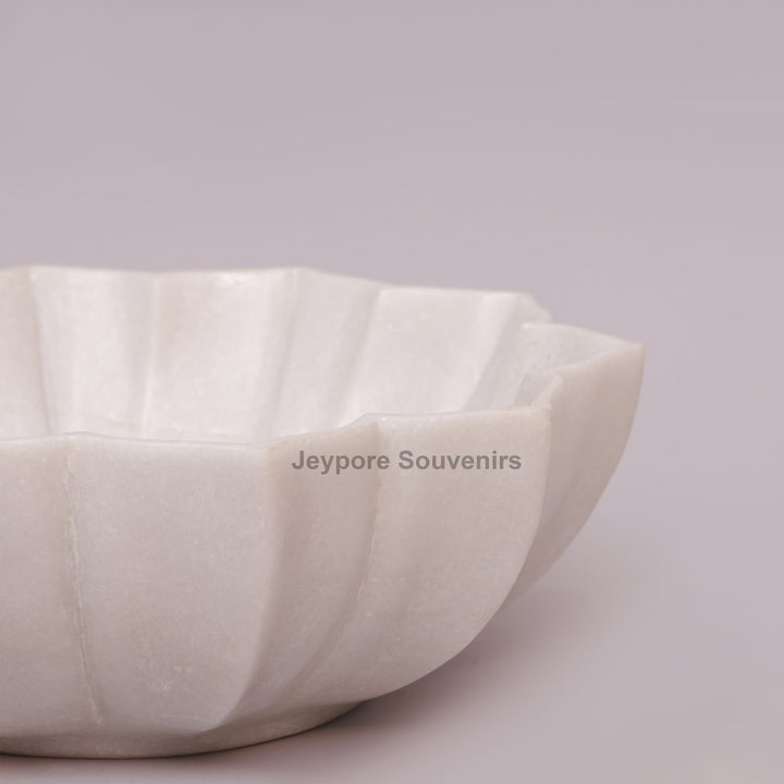 Hand-Carved White Marble Lotus Bowl with Fluted Petal Design
