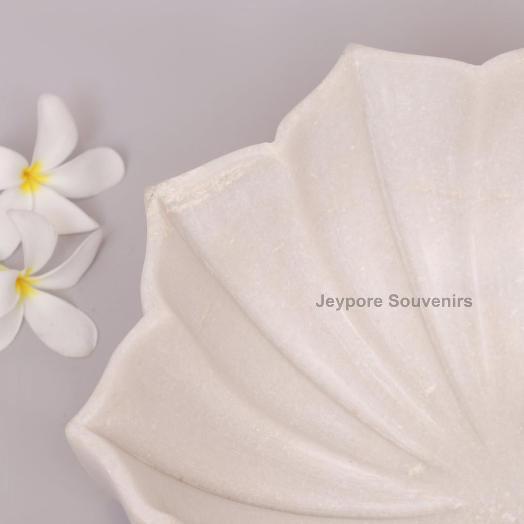 Hand-Carved White Marble Lotus Bowl with Fluted Petal Design