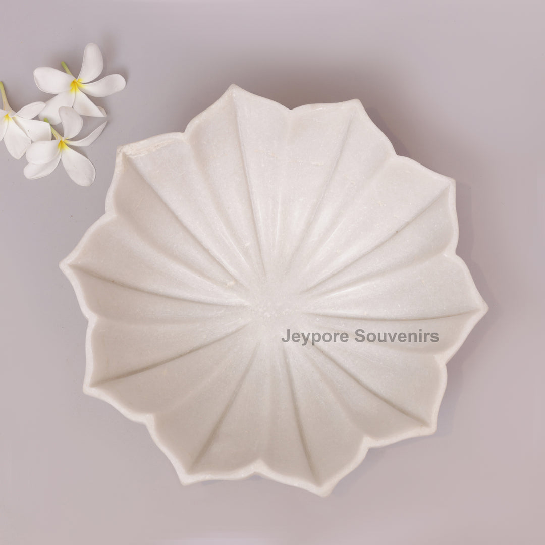 Hand-Carved White Marble Lotus Bowl with Fluted Petal Design