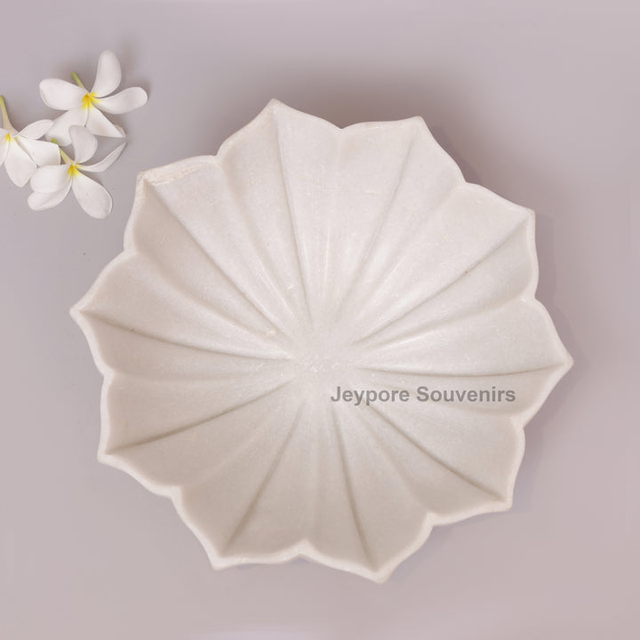 Hand-Carved White Marble Lotus Bowl with Fluted Petal Design